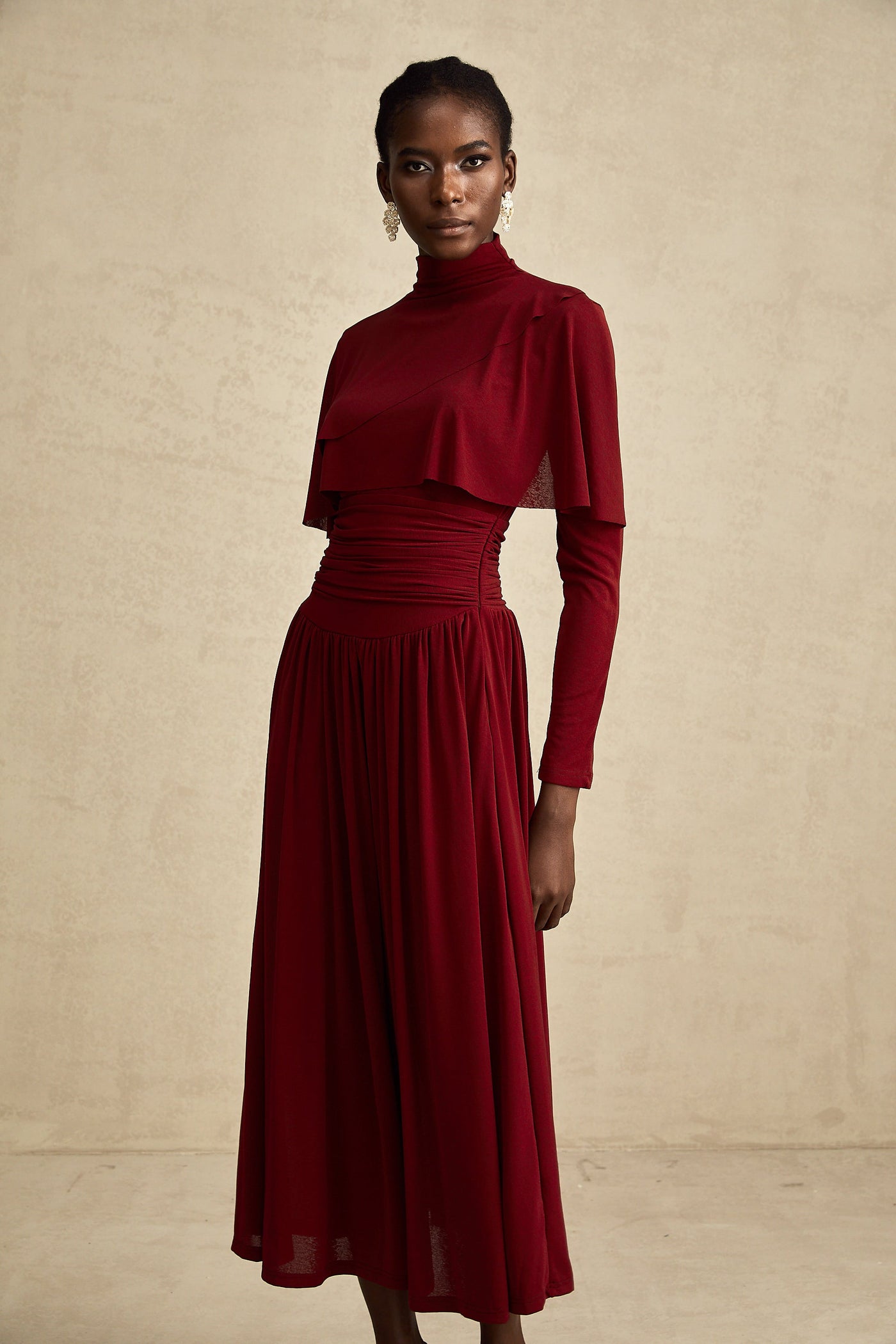 Camille Red Ruched Midi Dress with Flap Design Detail