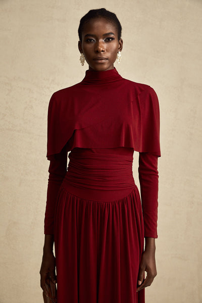 Camille Red Ruched Midi Dress with Flap Design Detail