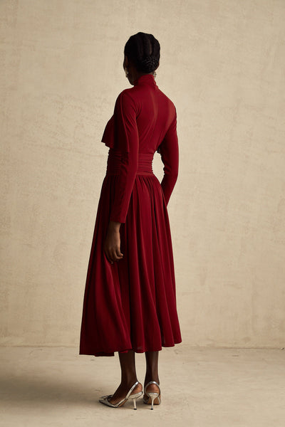 Camille Red Ruched Midi Dress with Flap Design Detail