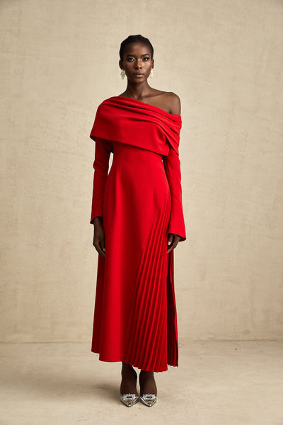 Valentine Red Pleated Maxi Dress with High Slit