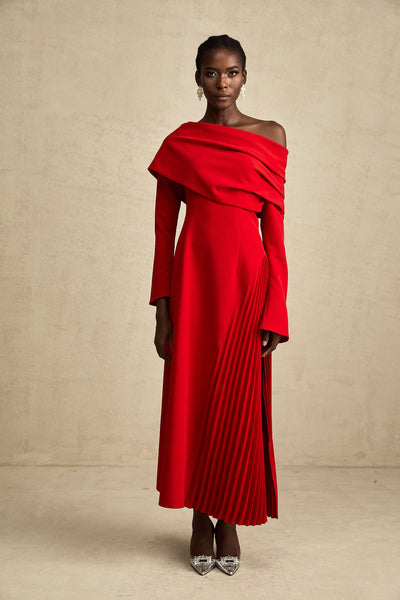 Valentine Red Pleated Maxi Dress with High Slit