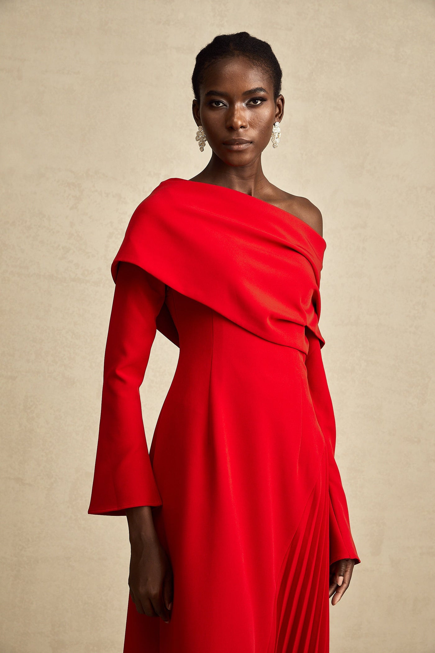 Valentine Red Pleated Maxi Dress with High Slit
