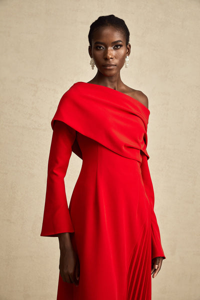 Valentine Red Pleated Maxi Dress with High Slit