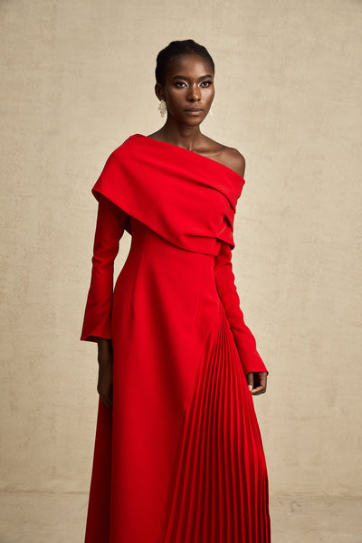 Valentine Red Pleated Maxi Dress with High Slit