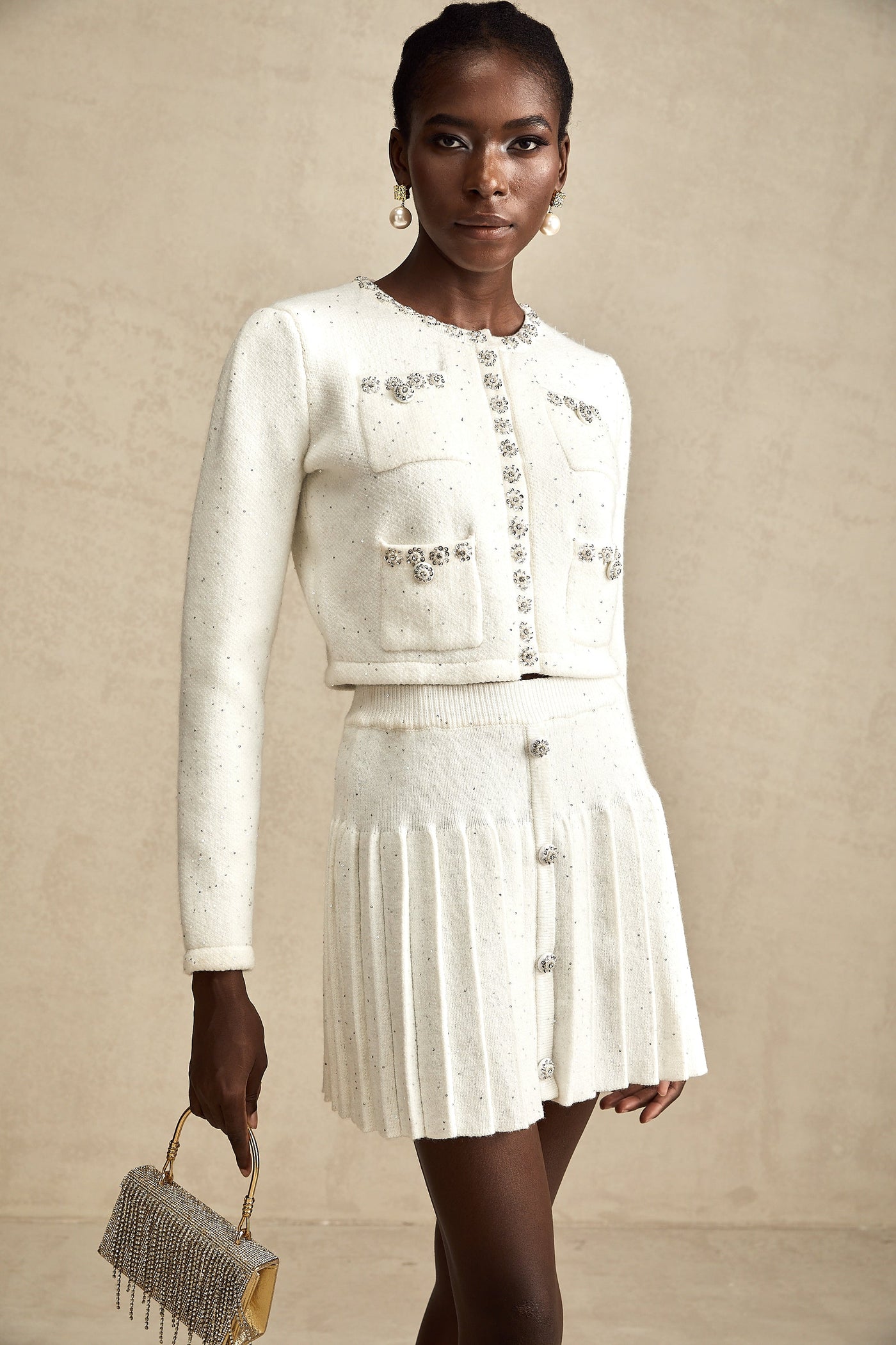 Fabienne white embellished jacket & skirt matching set