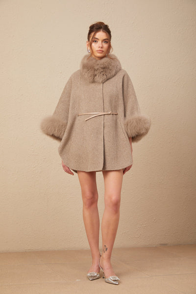 Chloris wool fur belted cape coat in Brown