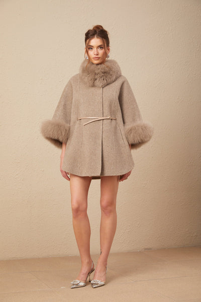 Chloris wool fur belted cape coat in Brown