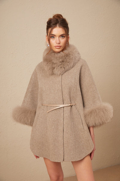 Chloris wool fur belted cape coat in Brown