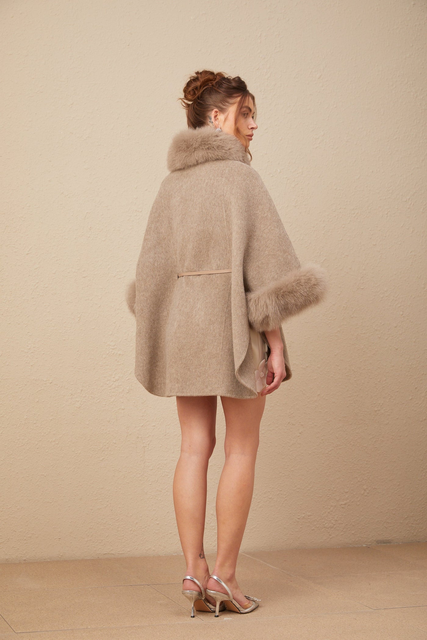 Chloris wool fur belted cape coat in Brown