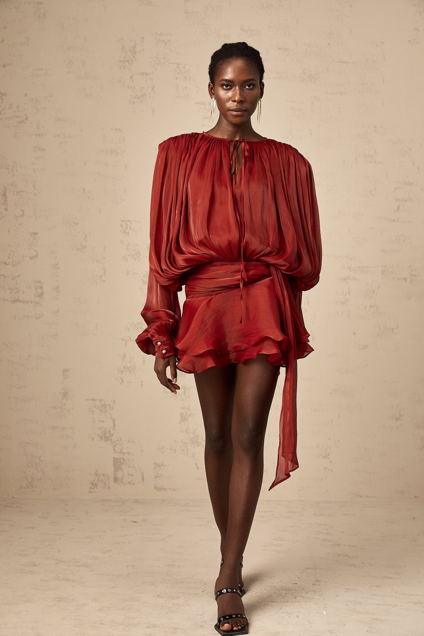 Eugénie Red Fully Pleated Ruffled Mini Dress