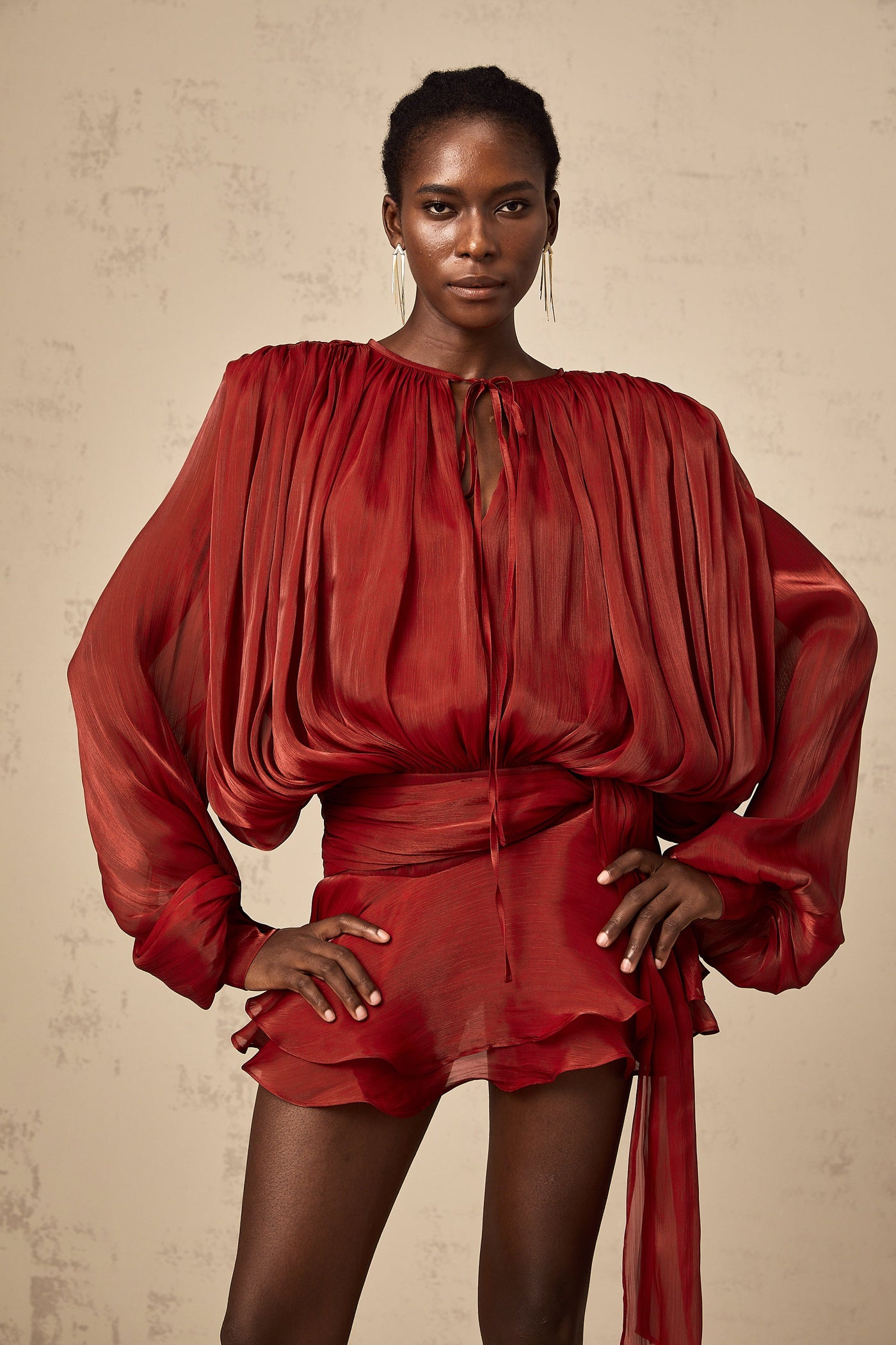 Eugénie Red Fully Pleated Ruffled Mini Dress