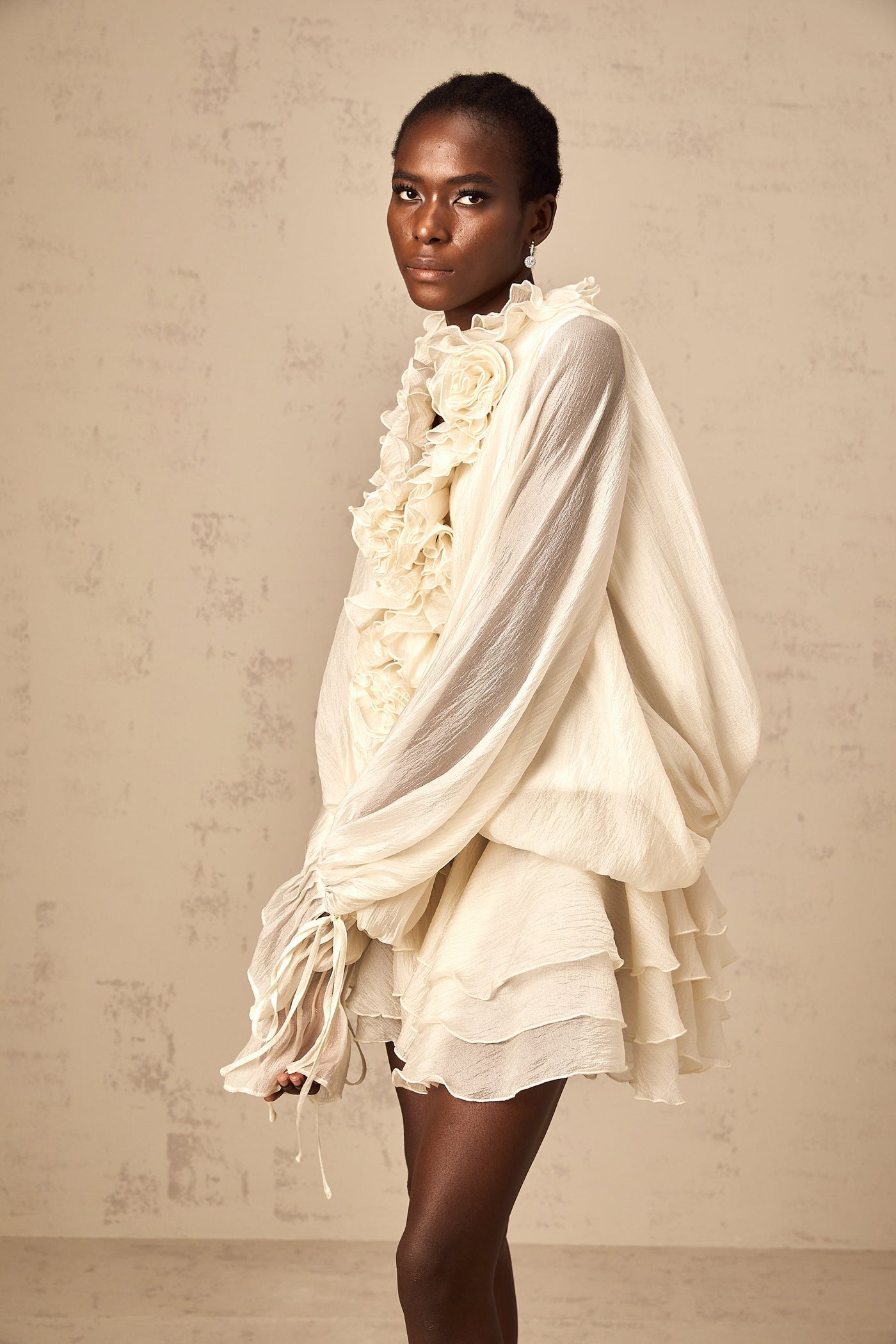 Zéphyrine floral-appliqué tiered mini dress in Neutrals