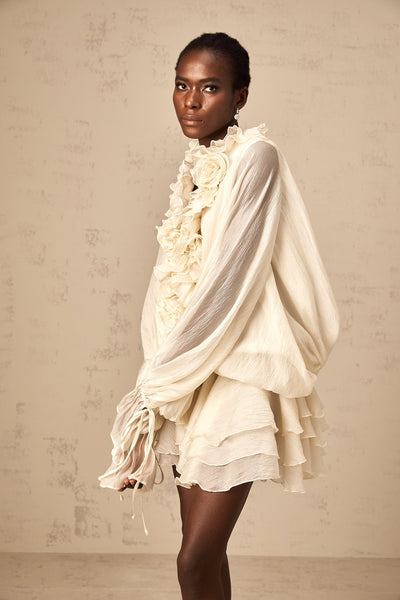 Zéphyrine floral-appliqué tiered mini dress in Neutrals