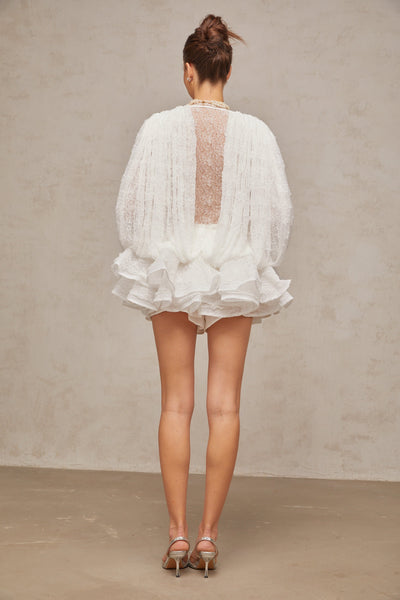 Isoline white semi-sheer lace top & shorts & dress matching set