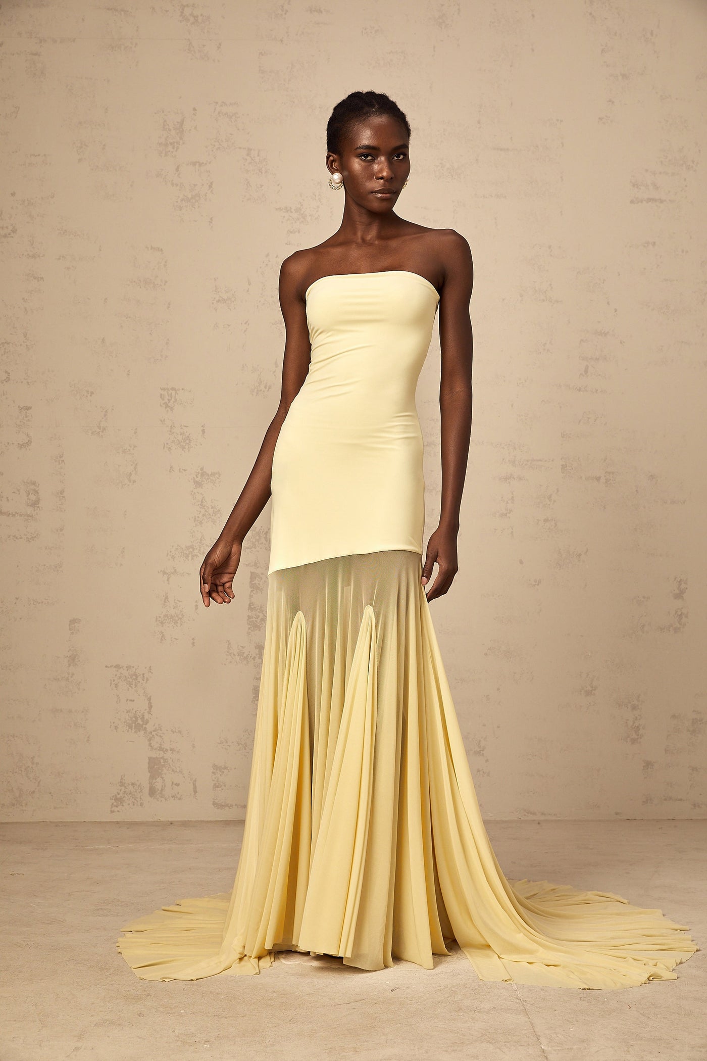 Josiane yellow off-shoulder sheer tulle maxi dress