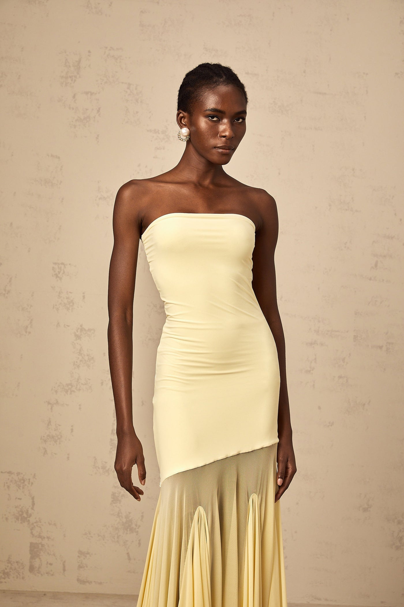 Josiane yellow off-shoulder sheer tulle maxi dress