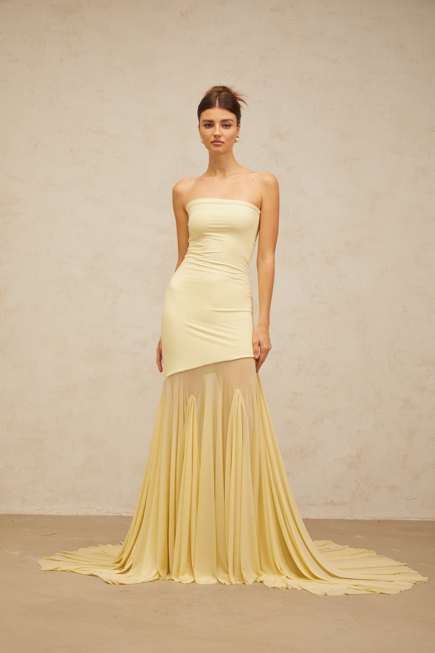 Josiane yellow off-shoulder sheer tulle maxi dress