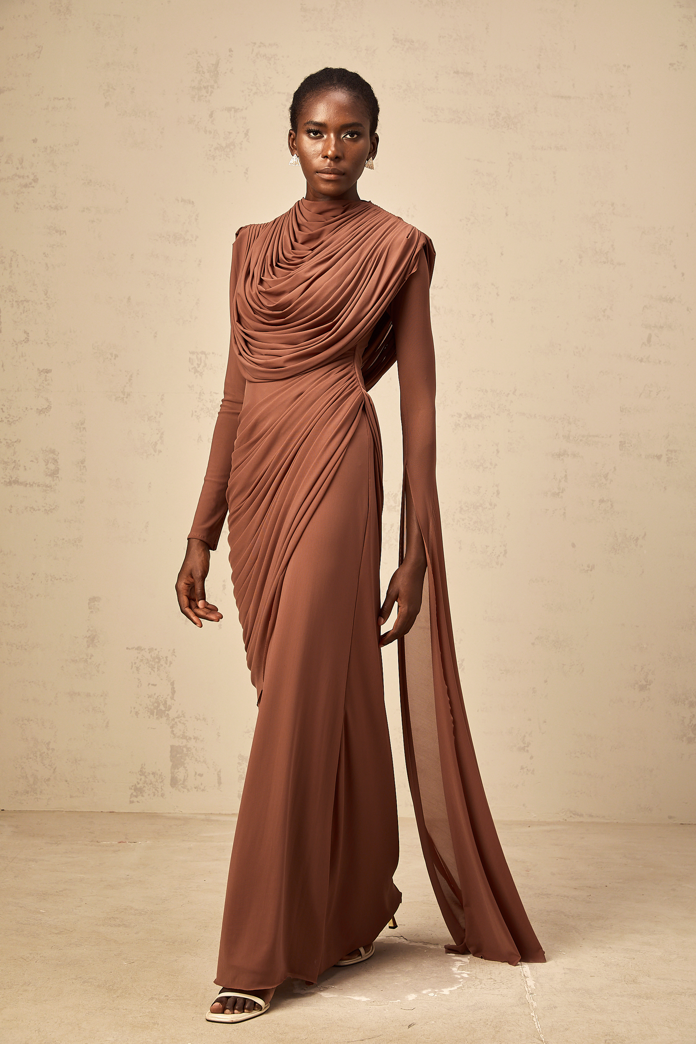 Danaé brown shirred-effect draped maxi dress