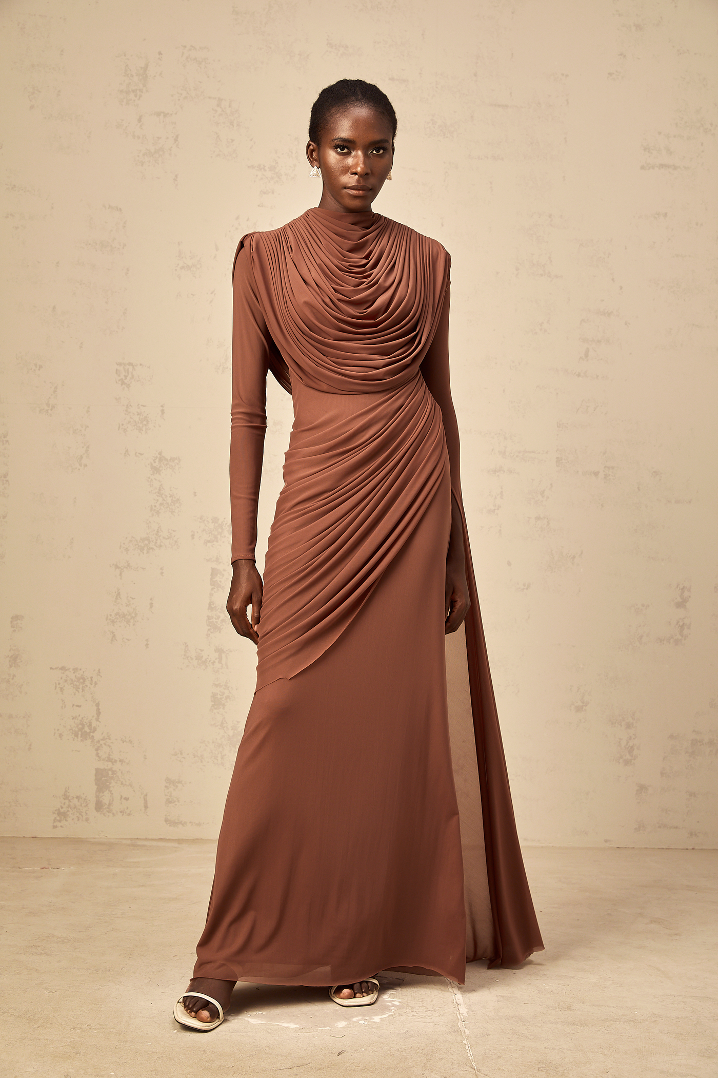 Danaé brown shirred-effect draped maxi dress