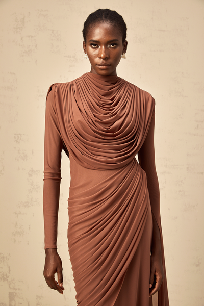Danaé brown shirred-effect draped maxi dress