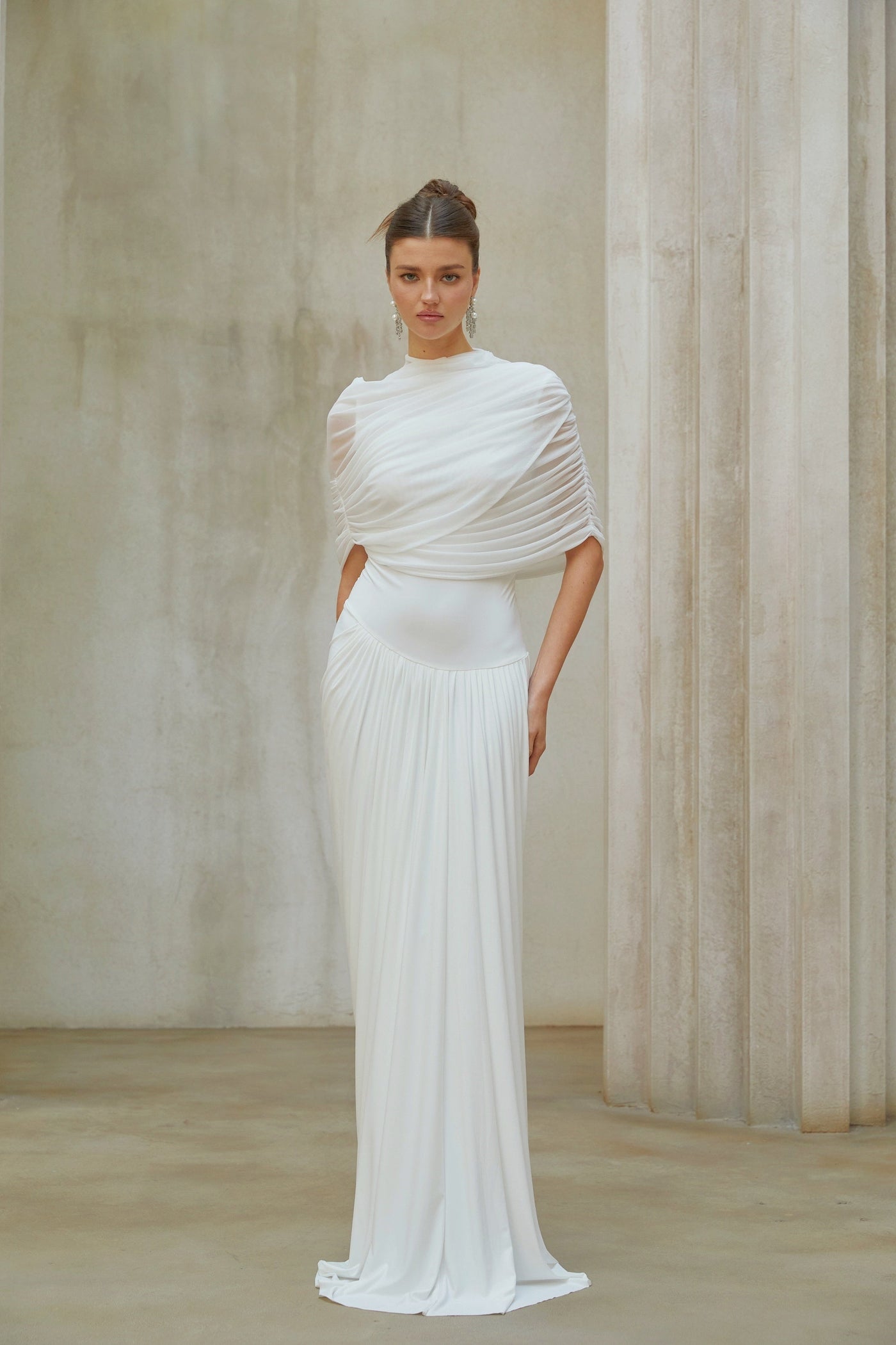 Catherine White Asymmetrical Pleated Maxi Dress