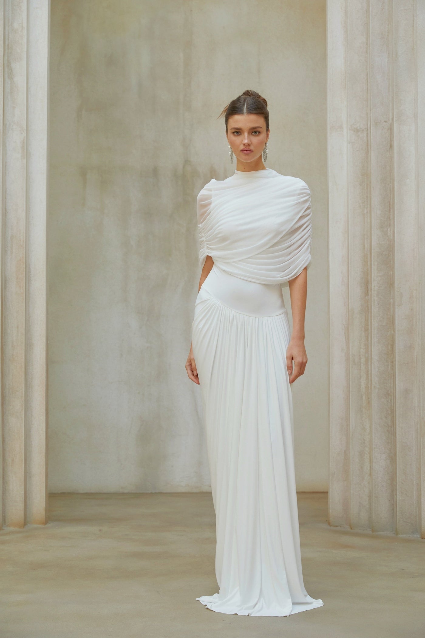 Catherine White Asymmetrical Pleated Maxi Dress