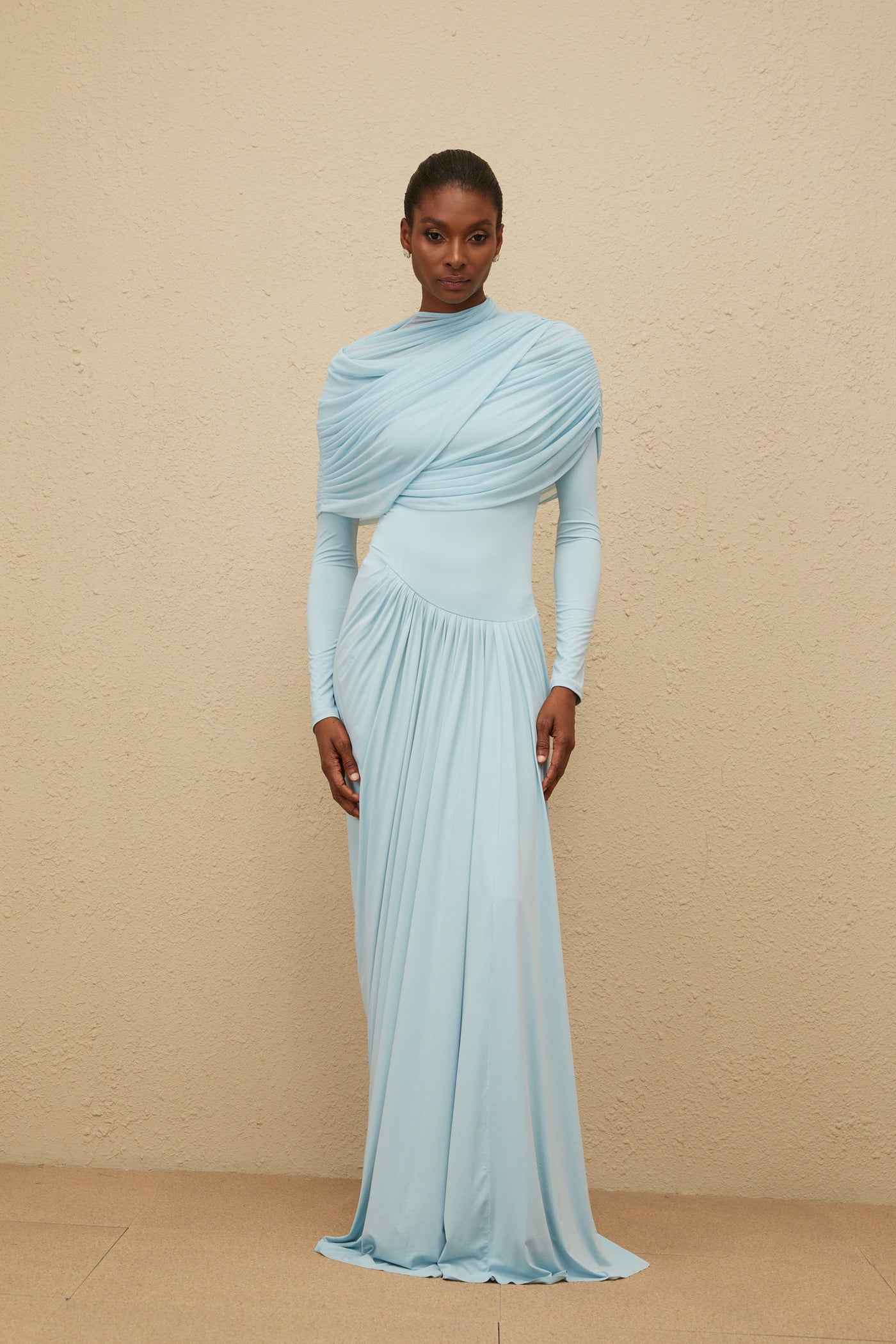 Catherine Baby-Blue Asymmetrical Pleated Long-Sleeve Maxi Dress