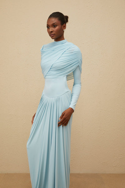 Catherine Baby-Blue Asymmetrical Pleated Long-Sleeve Maxi Dress