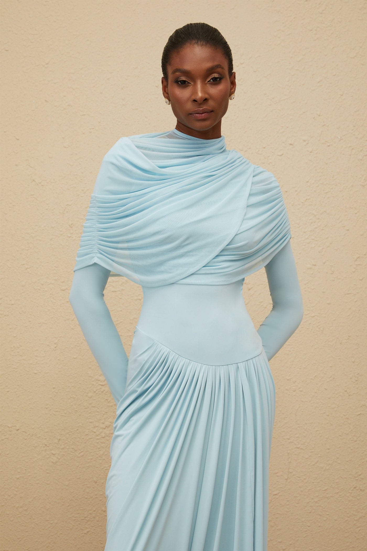 Catherine Baby-Blue Asymmetrical Pleated Long-Sleeve Maxi Dress