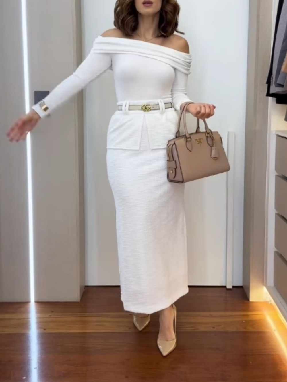 Off-shoulder top and textured double-layer skirt set