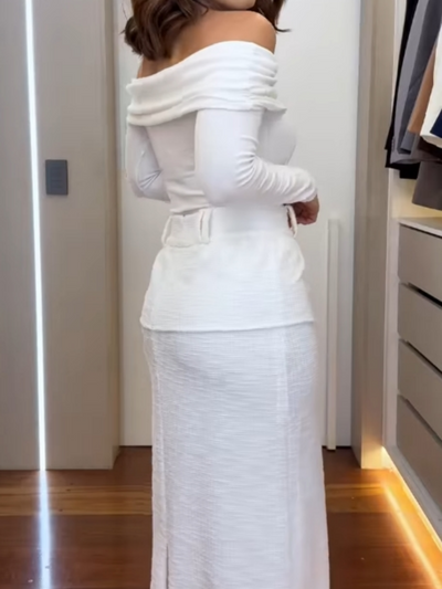 Off-shoulder top and textured double-layer skirt set