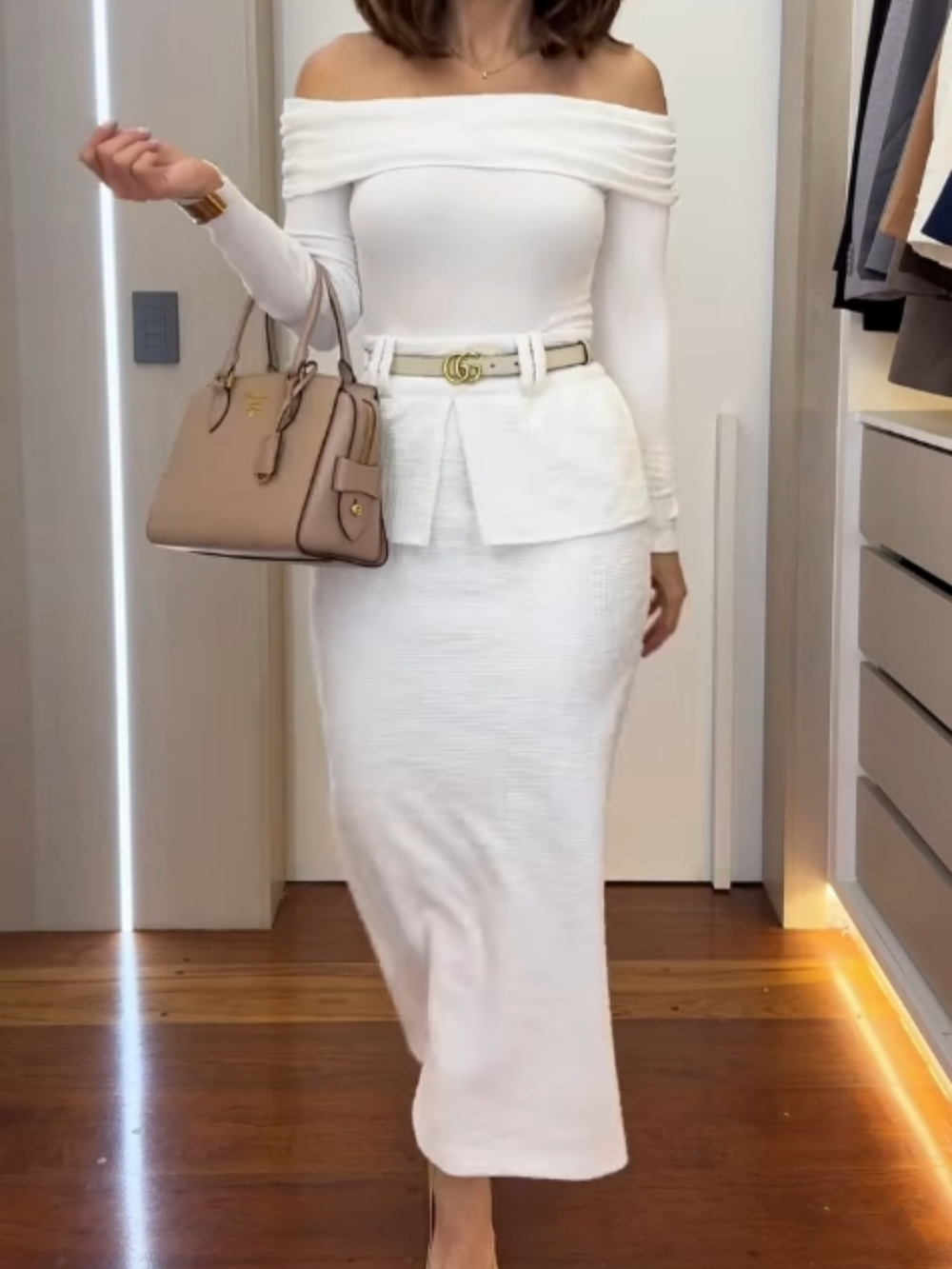 Off-shoulder top and textured double-layer skirt set