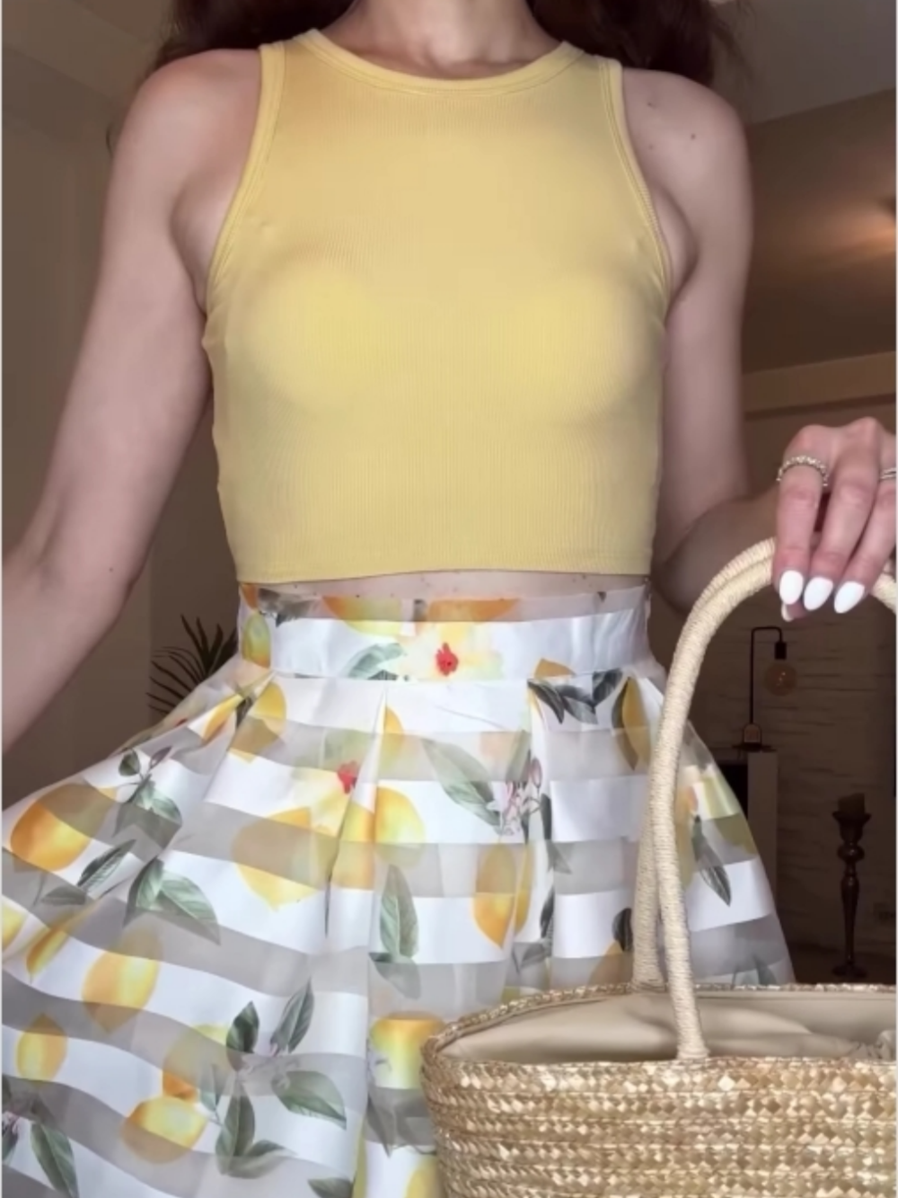 Yellow vest and lemon striped skirt suit