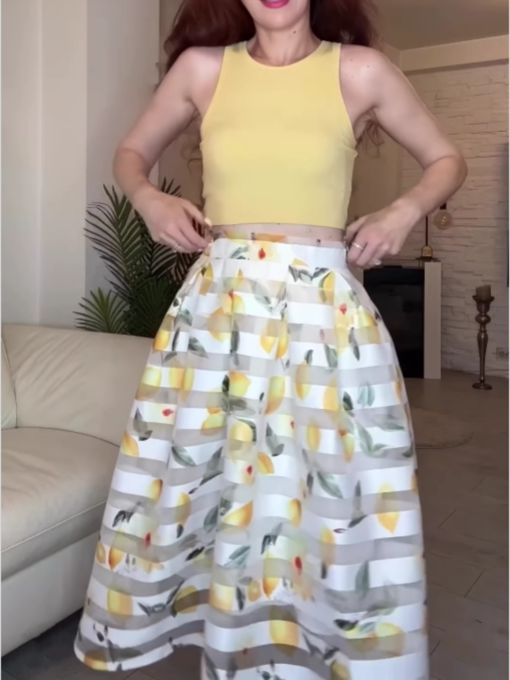 Yellow vest and lemon striped skirt suit