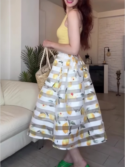 Yellow vest and lemon striped skirt suit