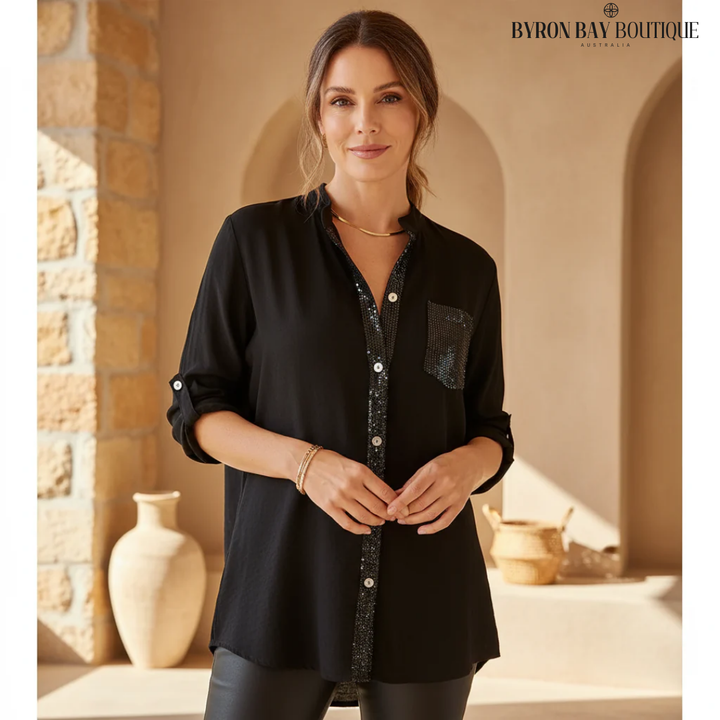 Sequin Pocket Button-Up Shirt with Relaxed Fit