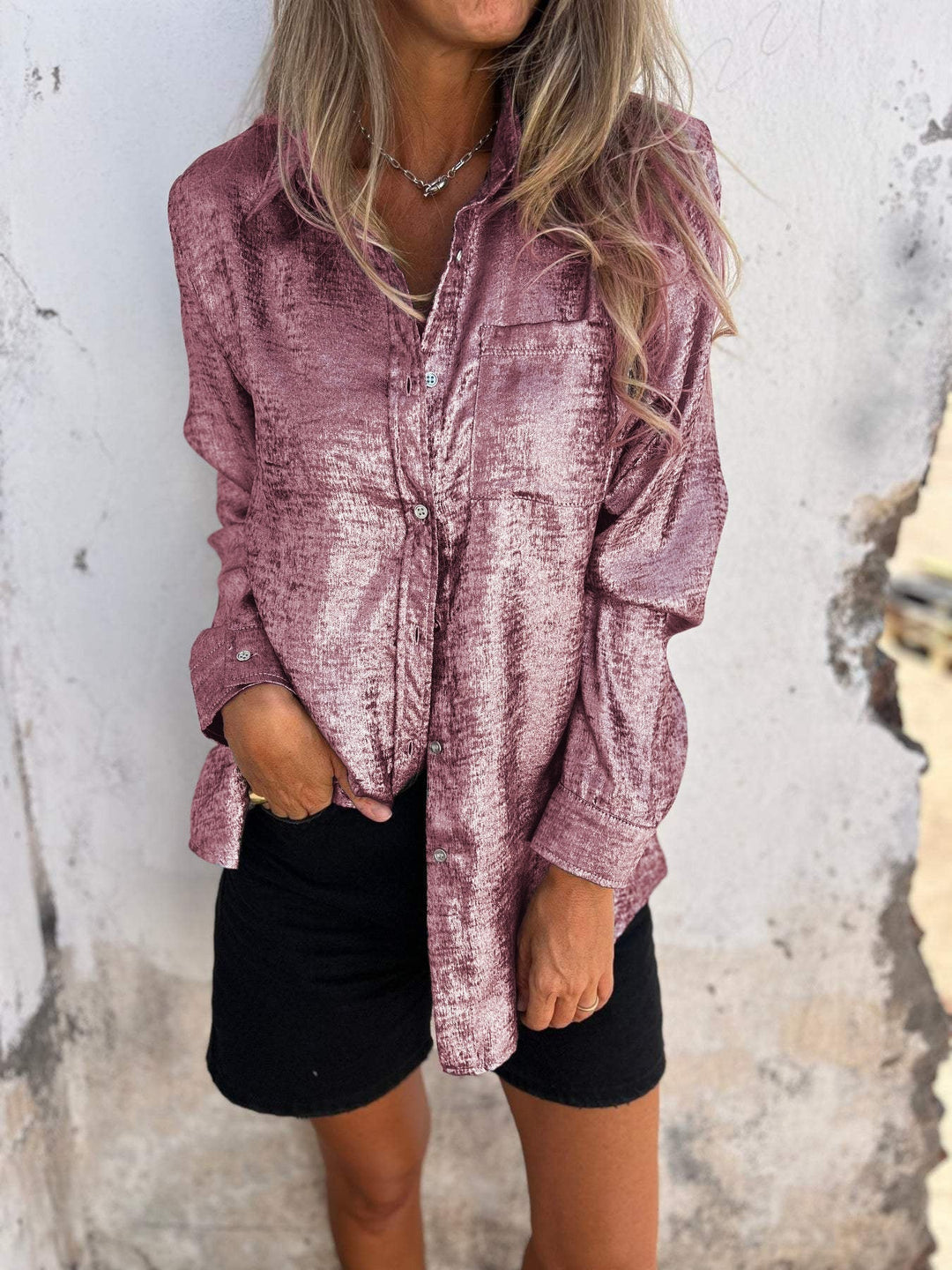 Metallic Button-Up Shirt with Relaxed Statement Fit