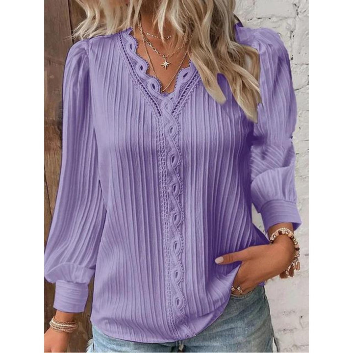 Textured V-Neck Long Sleeve Blouse with Relaxed Fit