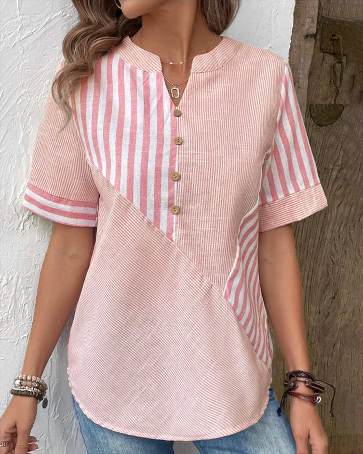 Striped Button Front Short Sleeve Blouse with Relaxed Fit