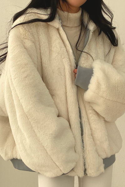 Oversized teddy coat with hood - reversible padded women's jacket