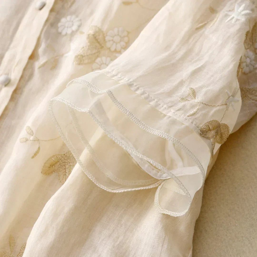 Sheer Embroidered Long Sleeve Blouse with Relaxed Fit