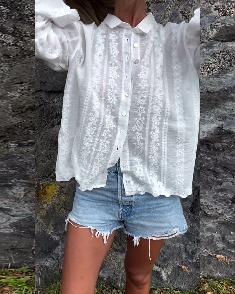Embroidered Button-Up Blouse with Relaxed Feminine Fit