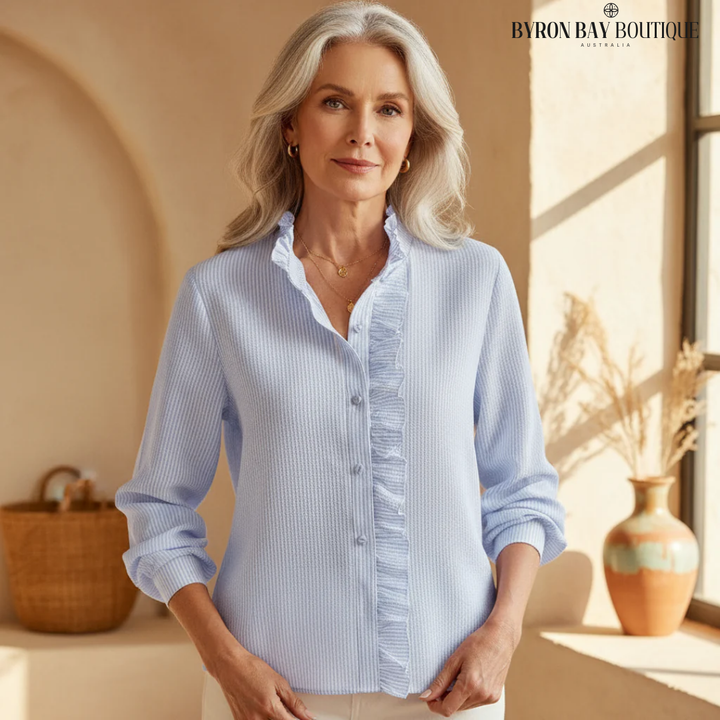 Ruffle Front Button-Up Blouse with Relaxed Elegant Fit