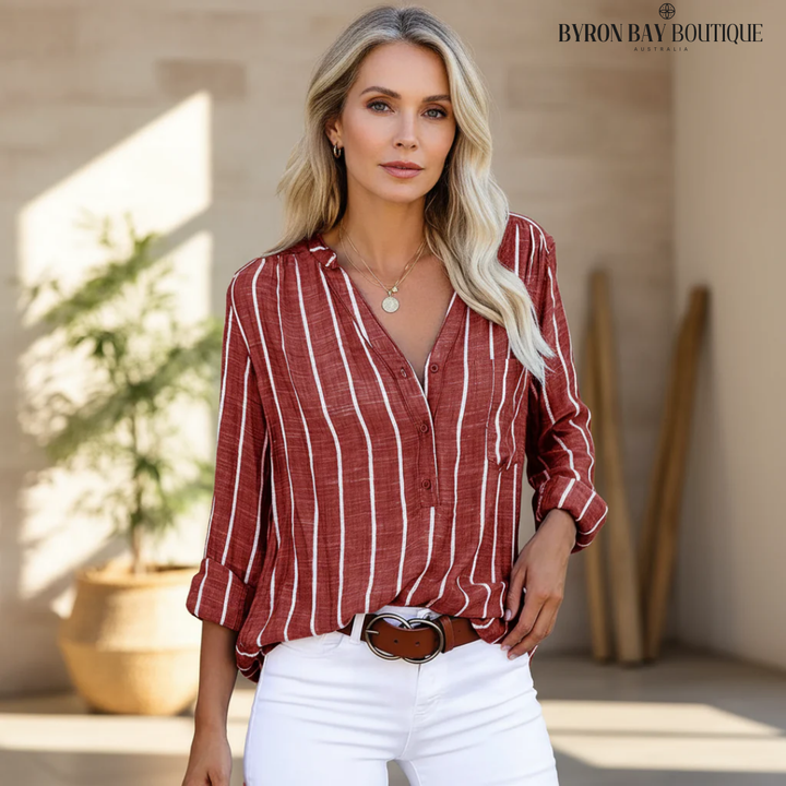 Striped V-Neck Button-Up Blouse with Relaxed Fit