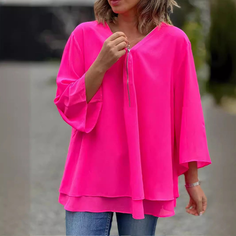 Flowy V-Neck Long Sleeve Blouse with Relaxed Fit
