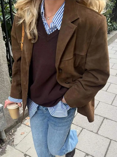 Elegant Oversized Brown Suede Fall Jacket