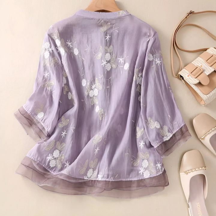 Sheer Embroidered Long Sleeve Blouse with Relaxed Fit