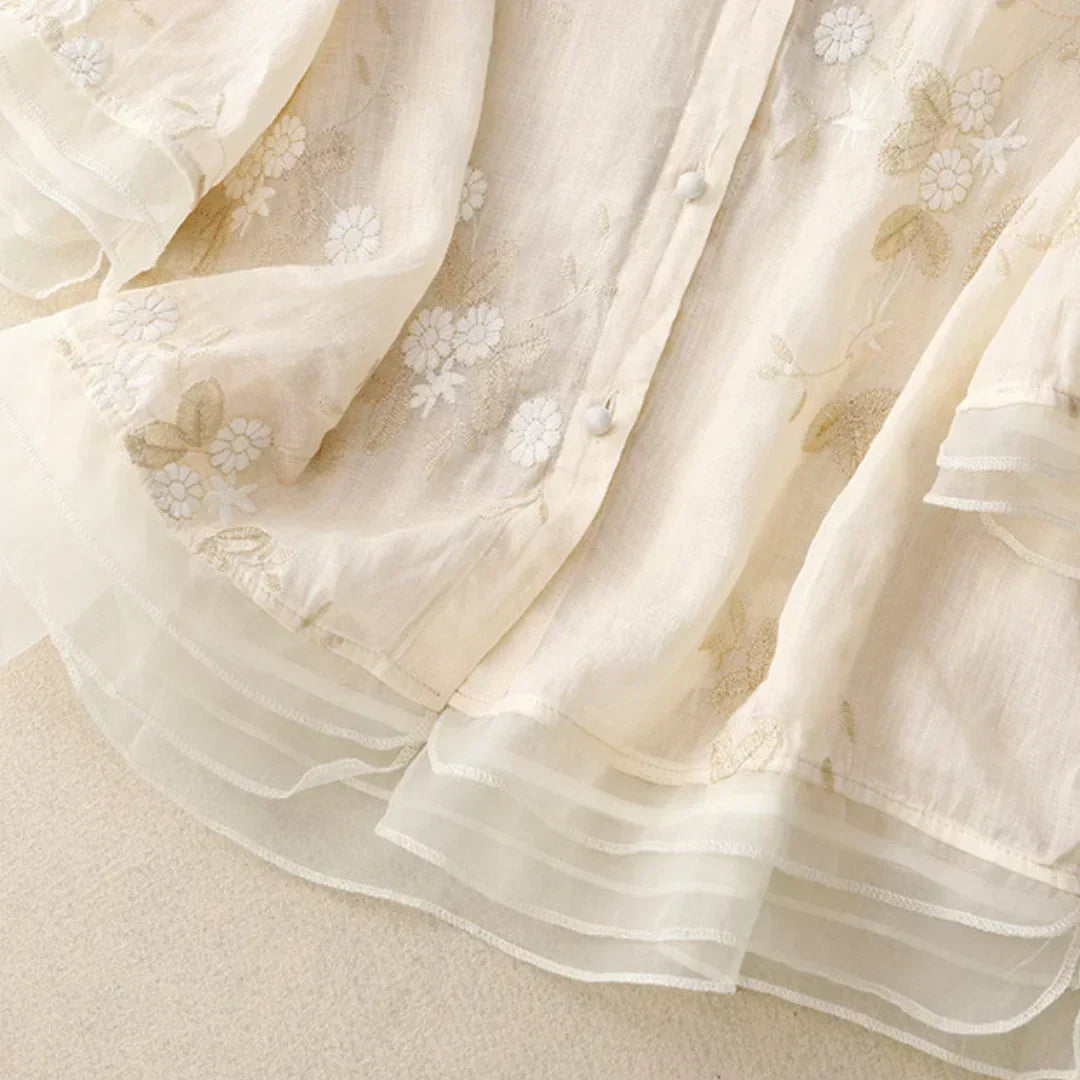 Sheer Embroidered Long Sleeve Blouse with Relaxed Fit