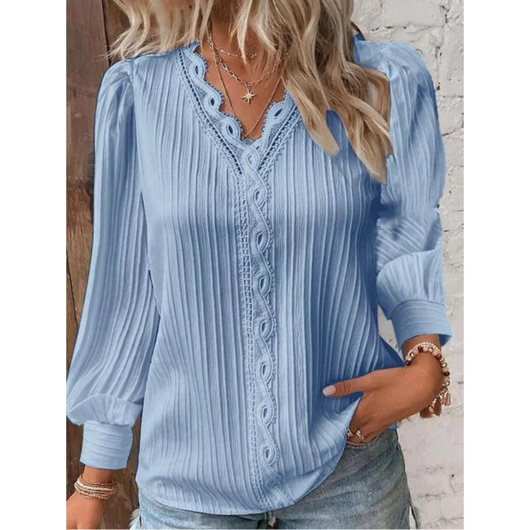 Textured V-Neck Long Sleeve Blouse with Relaxed Fit
