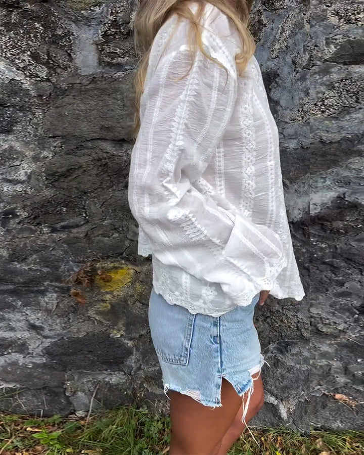 Embroidered Button-Up Blouse with Relaxed Feminine Fit